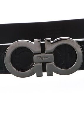 Salvatore Ferragamo Black Leather Belt with Silver Double Gancini Buckle